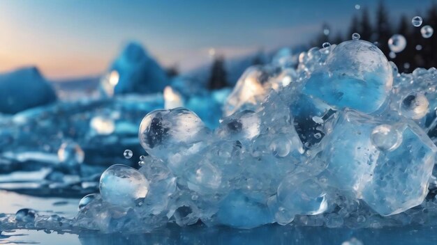 Hielo azul con burbujas de fondo