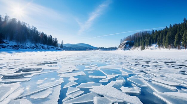 Hielo azul y grietas en la superficie del hielo congelado