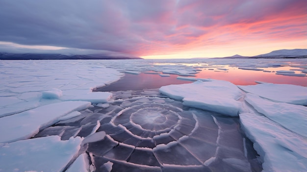 Hielo roto bajo la nieve en una superficie de lago congelado