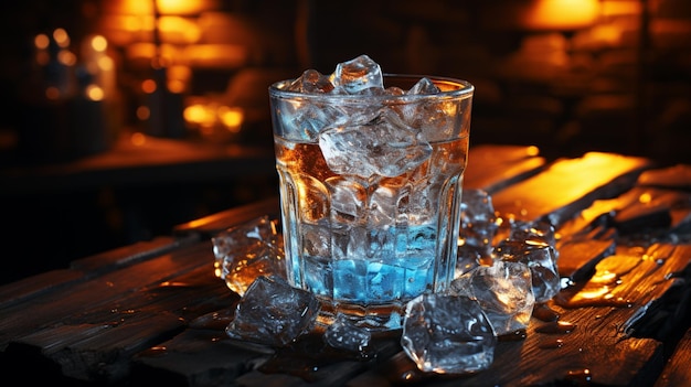 hielo en el vaso sobre la mesa un vaso lleno de hielo y un cubito de hielo al lado del vaso