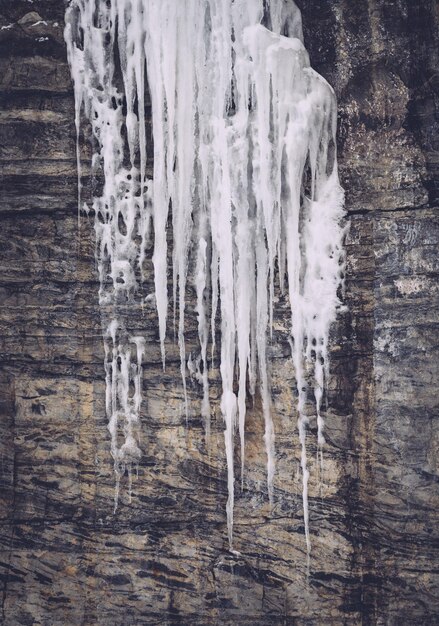 Foto los hielos en la pared de roca.