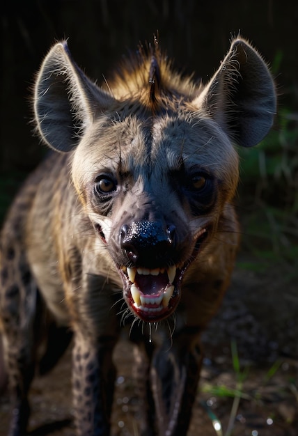 Foto hiena com um sorriso em um fundo escuro geração de ia
