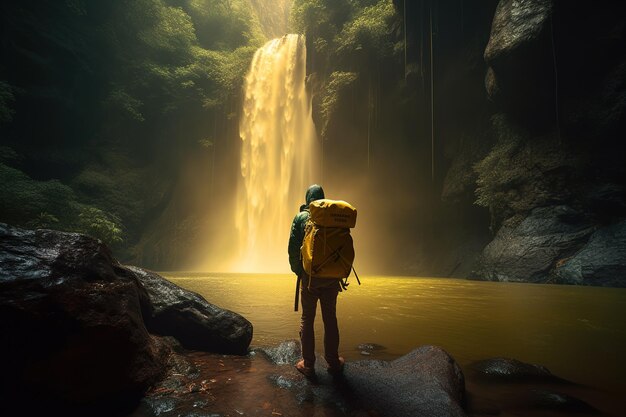 Hier ist ein Mann mit Rucksack vor einem Wasserfall zu sehen