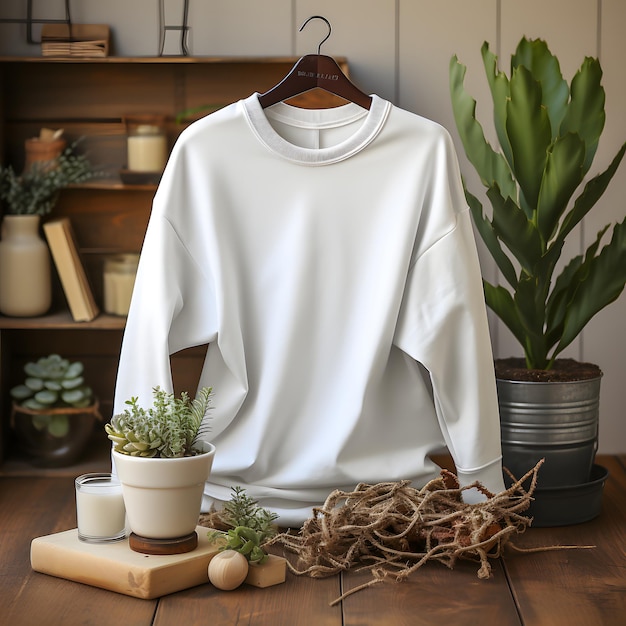 Hier wird ein einfacher weißer Gildan 1800-Pullover auf einem Kleiderbügelmodell mit Ihrem Design hier im St. gezeigt