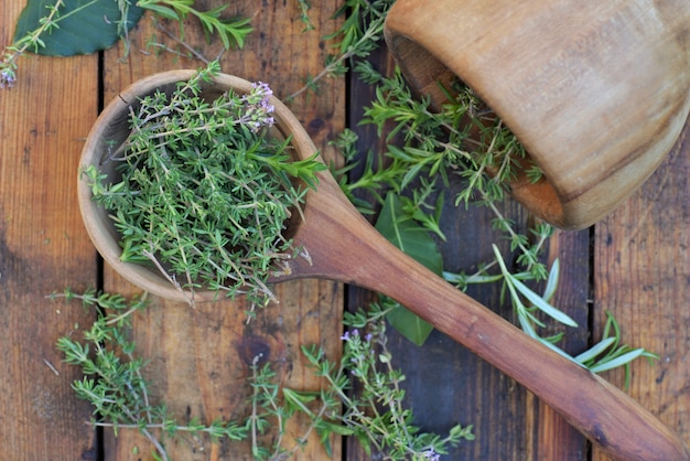 Hierba aromática en una cuchara de madera y mortero sobre una mesa de madera