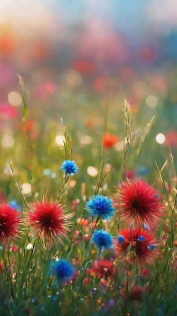 hierba bokeh roja y azul con flores coloridas fondo de naturaleza abstracta