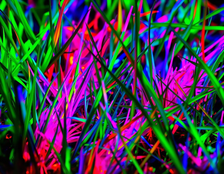 la hierba es verde y púrpura y tiene los colores púrpura Y azul