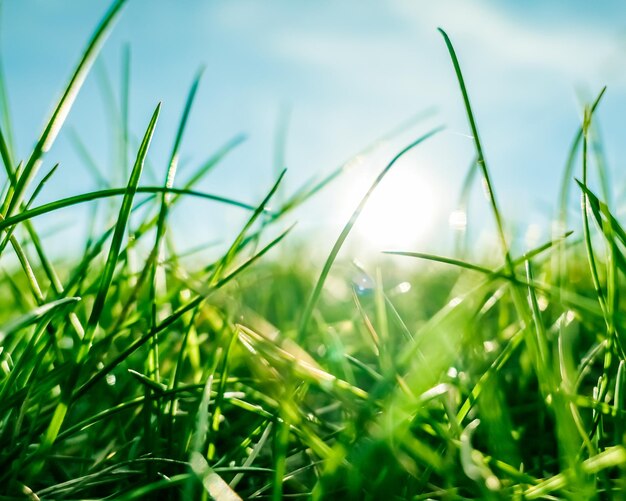 Hierba fresca y cielo azul soleado en un campo verde al amanecer naturaleza del campo