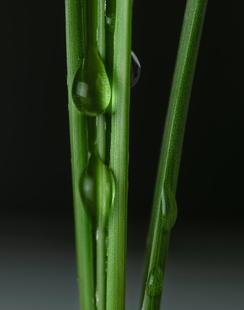 Hierba fresca de primavera con una gota de rocío sobre un fondo oscuro