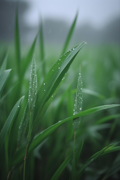 Hierba con gotas de agua en la mañana