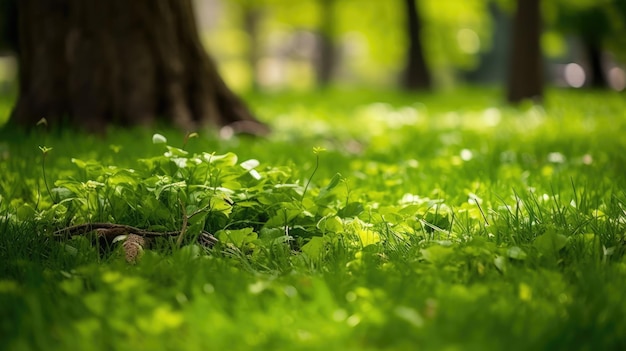 Hierba de jardín verde en primavera primavera en el fondo y hojas de árboles