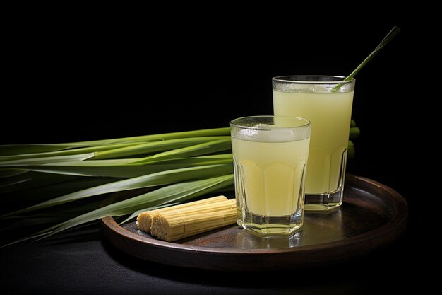 Foto hierba y jugo de caña de azúcar, caña de sucre prensada fresca en vaso con tallos y cubos de azúcar