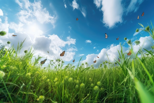 Hierba jugosa verde joven y mariposas revoloteando en la naturaleza AI generado