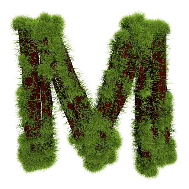 Hierba letra M aislado sobre fondo blanco. Símbolo cubierto de hierba verde. Carta ecológica. Ilustración 3D.