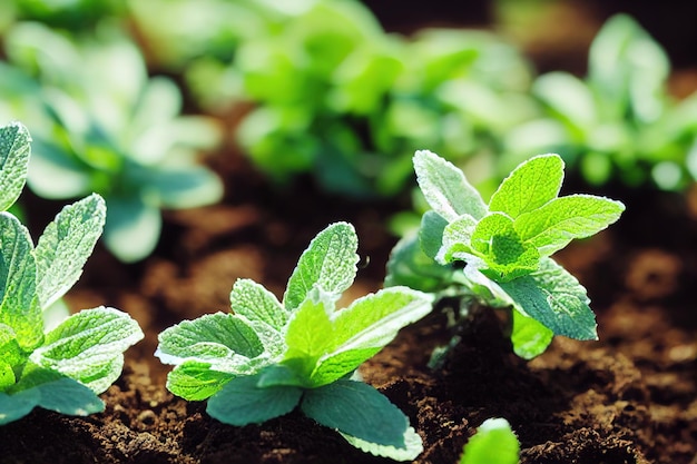 Hierba de menta verde que crece en el suelo