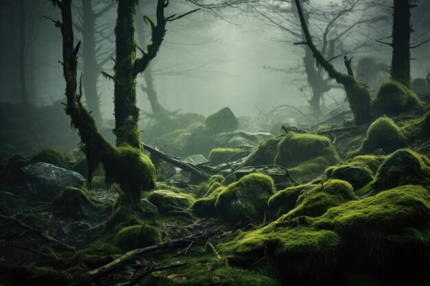 La hierba de musgo y la niebla en un bosque