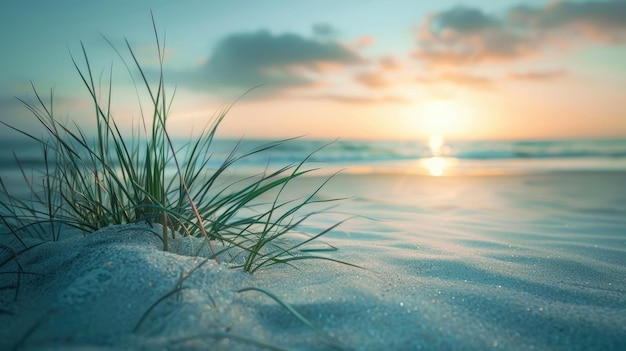 Foto la hierba en la playa cerca del mar puesta de sol