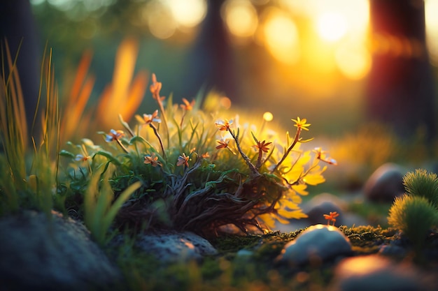 La hierba silvestre del bosque disfruta de los ricos matices de una puesta de sol que se desvanece y revela un mundo macro cautivador lleno de maravillas.