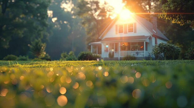 Foto hierba verde árboles una casa amanecer