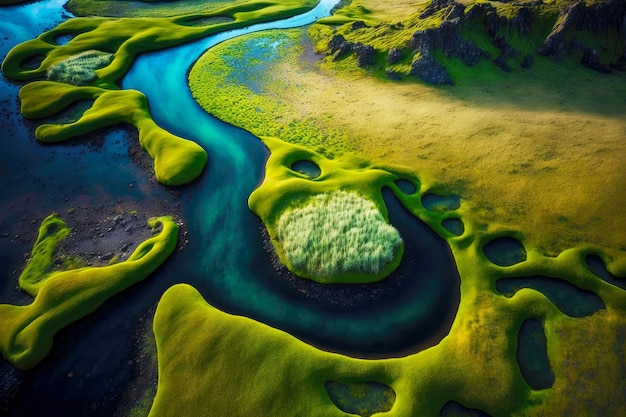 Hierba verde brillante a orillas del río aéreo de Islandia