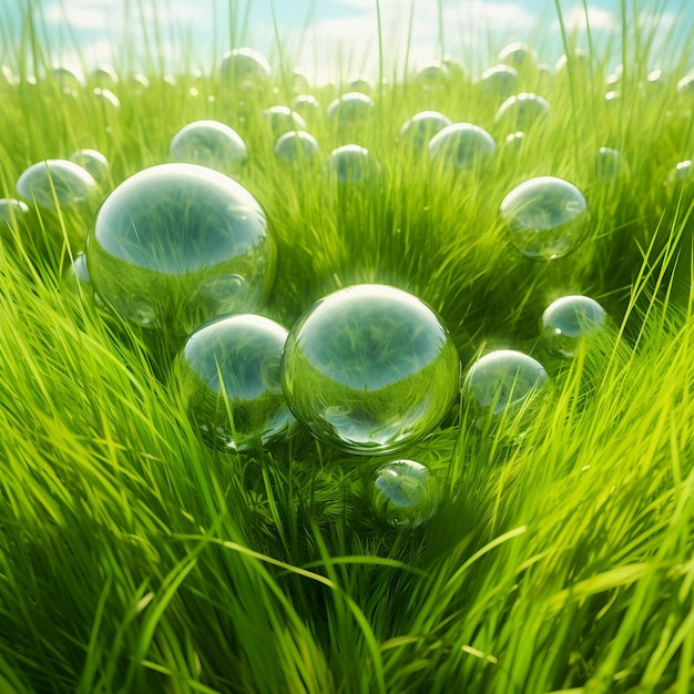 Una hierba verde con burbujas claras