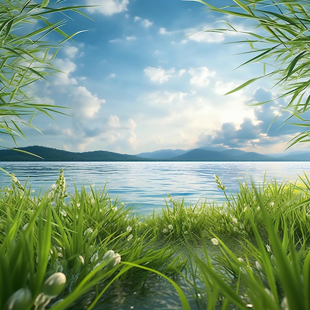 Hierba verde y cielo azul con nubes blancas en el fondo de la naturaleza del lago