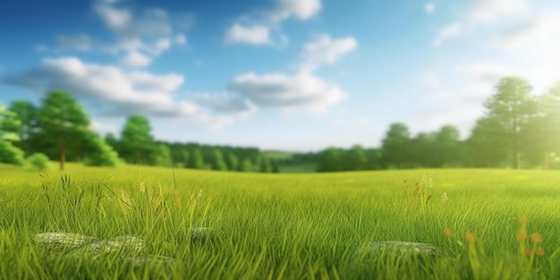 Hierba verde con un cielo azul y nubes en el fondo