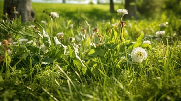 Hierba verde con dientes de león IA generativa