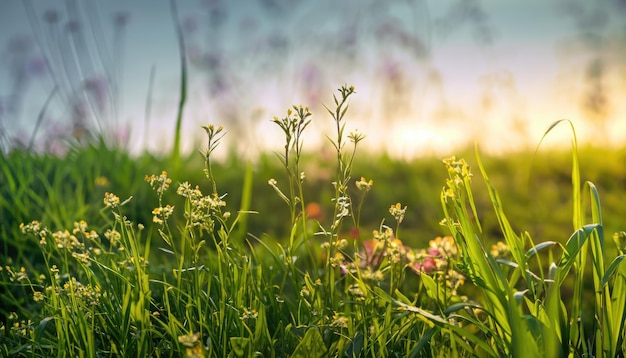 Hierba verde y flores al amanecer.