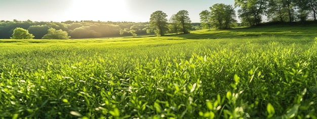 Foto hierba verde y flores en un día soleado fondo panorámico