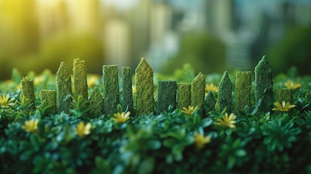 Foto hierba verde y flores con fondo de paisaje urbano renderización 3d ia generativa