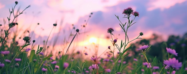 Foto hierba verde con flores y muchas nubes rosadas y moradas