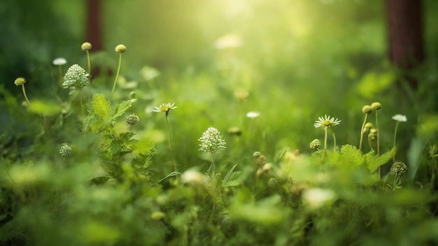 La hierba verde con flores en el prado en un día soleado