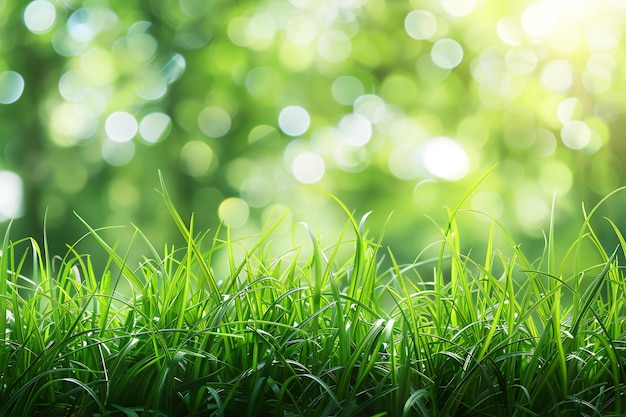Hierba verde en un fondo bokeh un estandarte con área de espacio de copia para un concepto de naturaleza de primavera o verano
