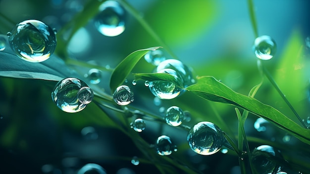 Foto hierba verde fresca con gotas de rocío de cerca fondo de naturaleza