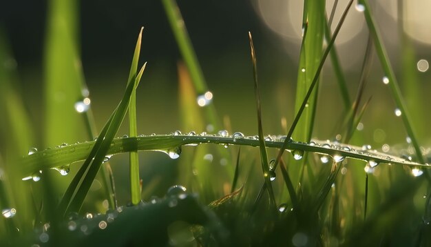 Foto la hierba verde fresca con gotas de rocío cierra el fondo de la naturaleza