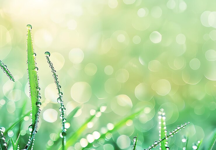 La hierba verde fresca con gotas de rocío en el fondo de primer plano