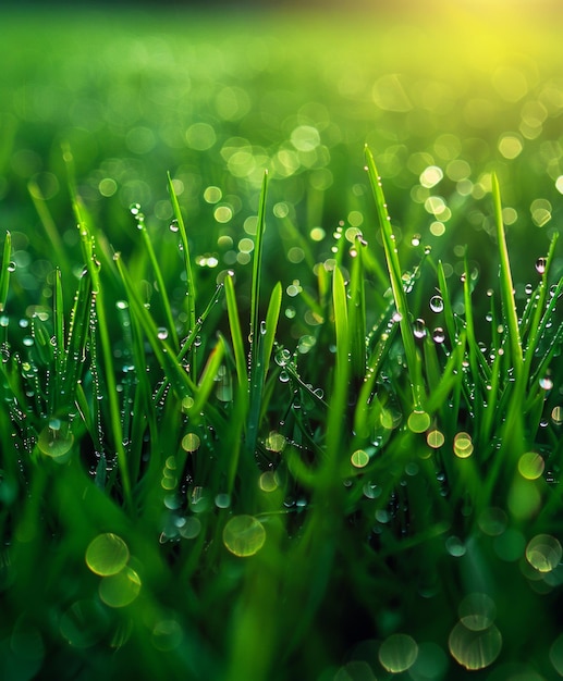 La hierba verde fresca con gotas de rocío por la mañana temprano