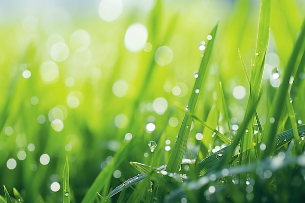 Foto hierba verde fresca con gotas de rocío primer plano fondo de naturaleza