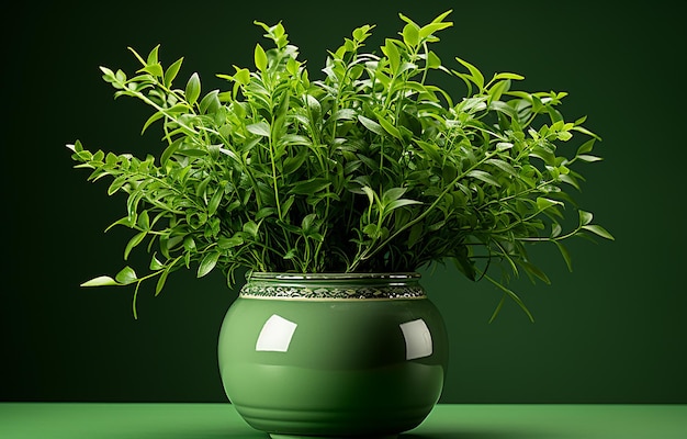 Hierba verde fresca en una olla Elegancia natural sobre un fondo gris