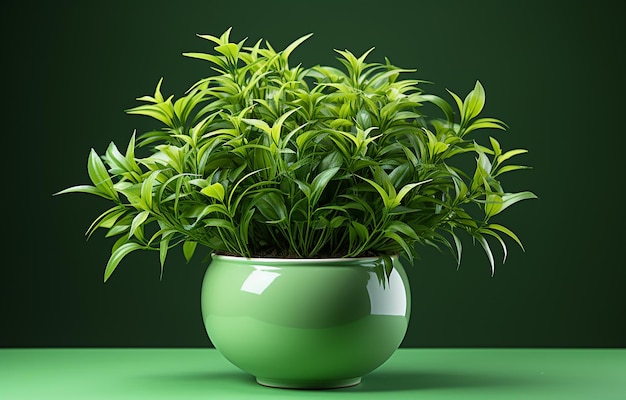 Hierba verde fresca en una olla Elegancia natural sobre un fondo gris