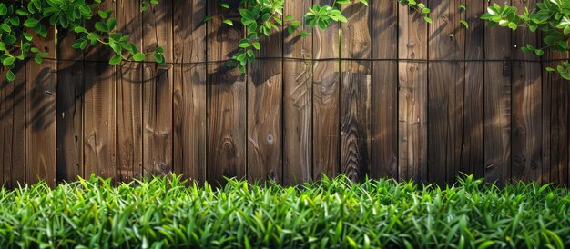 La hierba verde fresca y la planta de hojas en un telón de fondo de valla de madera