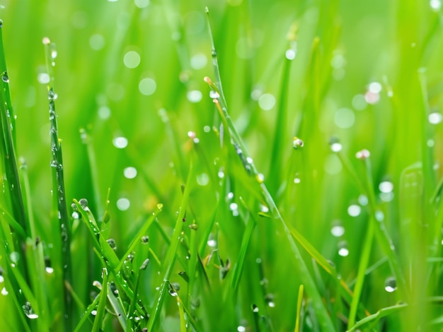 Hierba verde con gotas de agua de la mañana Hermoso fondo de verano con bokeh