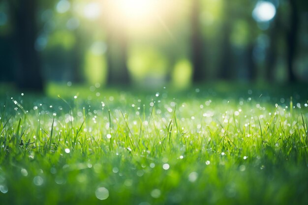 Foto la hierba verde con gotas de rocío en la luz del sol fondo de la naturaleza