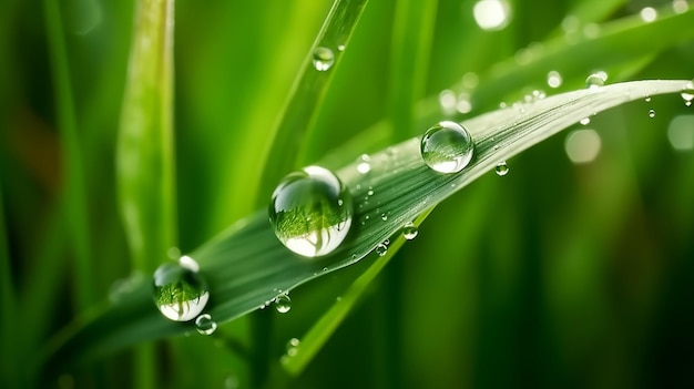 Una hierba verde con gotas de rocío