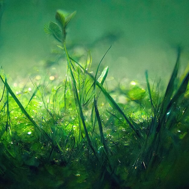 hierba verde y hojas macro día de verano o mañana fresco y natural