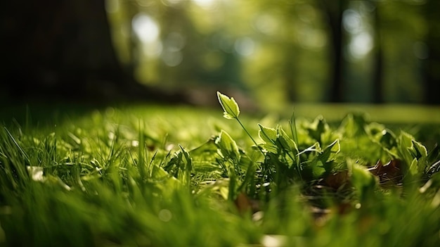 La hierba verde del jardín en la primavera en el fondo y las hojas de los árboles