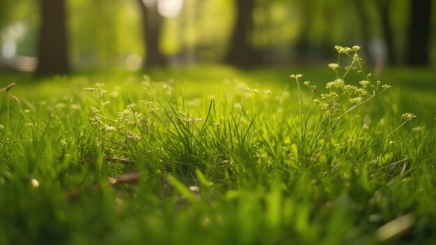 La hierba verde del jardín en la primavera en el fondo y las hojas de los árboles