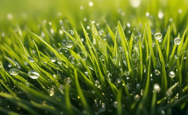 Hierba verde natural con gotas de agua de fondo