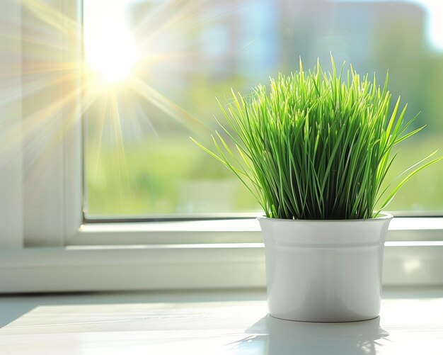 La hierba verde en una olla en el alféizar de la ventana se enfría a la cálida luz del sol que viene de la ventanilla